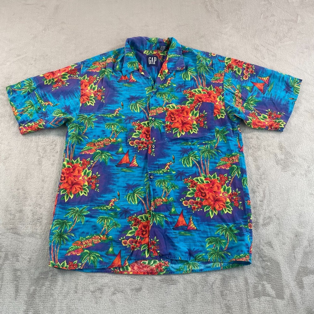 Vintage GAP Hawaiian Camp Shirt Men Medium Multi Sail Boats Floral Loop Collar